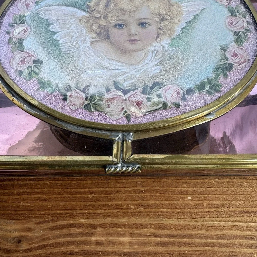Enesco Amethyst Pink Stained Glass Jewelry Box Cherub Angel Roses Trinket Box